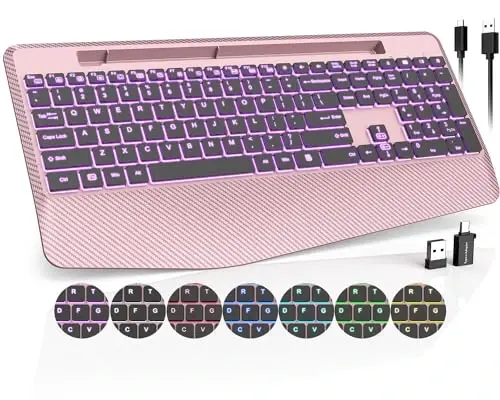 Wireless Keyboard with 7 Colored Backlits Wrist Rest, Phone Holder, Rechargeable Ergonomic Computer Keyboard with Silent Key, Full Size Lighted Keyboard for Windows, Mac, PC, Laptop (Rose gold) 