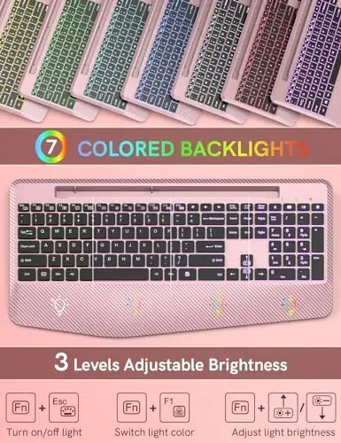 Wireless Keyboard with 7 Colored Backlits Wrist Rest, Phone Holder, Rechargeable Ergonomic Computer Keyboard with Silent Key, Full Size Lighted Keyboard for Windows, Mac, PC, Laptop (Rose gold) - 2