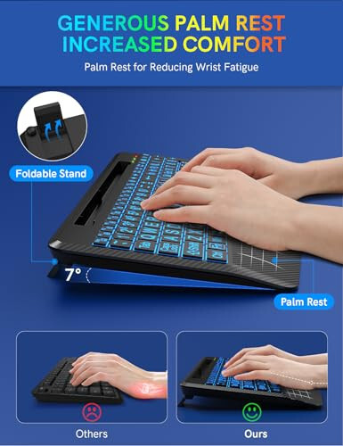 Wireless Keyboard with 7 Colored Backlits, Wrist Rest, Phone Holder, Rechargeable Ergonomic Computer Keyboard with Silent Keys, Full Size Lighted Keyboard for Windows, Mac, PC, Laptop (Large Print) - 3