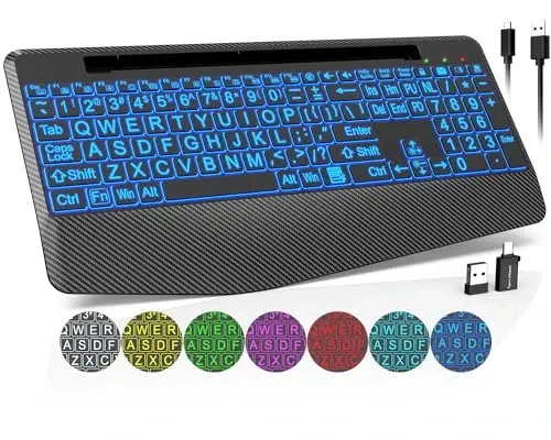 Wireless Keyboard with 7 Colored Backlits, Wrist Rest, Phone Holder, Rechargeable Ergonomic Computer Keyboard with Silent Keys, Full Size Lighted Keyboard for Windows, Mac, PC, Laptop (Large Print) 