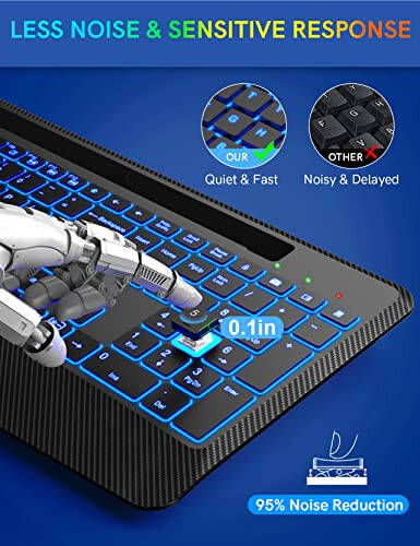 Wireless Keyboard with 7 Colored Backlits, Wrist Rest, Phone Holder, Rechargeable Ergonomic Computer Keyboard with Silent Keys, Full Size Lighted Keyboard for Windows, MacBook, PC, Laptop (Black) - 6