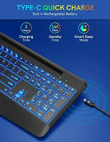 Wireless Keyboard with 7 Colored Backlits, Wrist Rest, Phone Holder, Rechargeable Ergonomic Computer Keyboard with Silent Keys, Full Size Lighted Keyboard for Windows, MacBook, PC, Laptop (Black) - 3