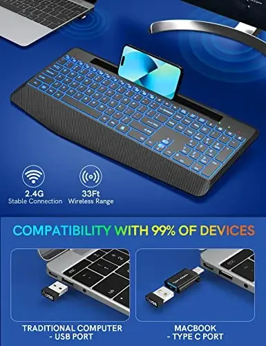 Wireless Keyboard with 7 Colored Backlits, Wrist Rest, Phone Holder, Rechargeable Ergonomic Computer Keyboard with Silent Keys, Full Size Lighted Keyboard for Windows, MacBook, PC, Laptop (Black) - 4