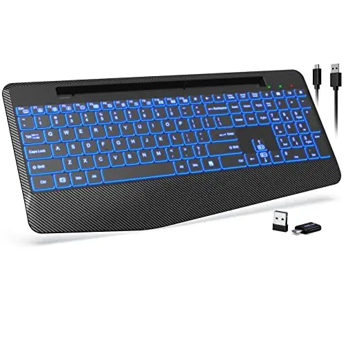 Wireless Keyboard with 7 Colored Backlits, Wrist Rest, Phone Holder, Rechargeable Ergonomic Computer Keyboard with Silent Keys, Full Size Lighted Keyboard for Windows, MacBook, PC, Laptop (Black) - 5