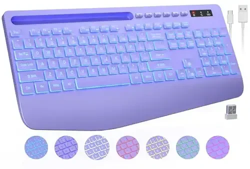 Wireless Keyboard with 7 Colored Backlits, Wrist Rest, Phone Holder, Rechargeable Ergonomic Computer Keyboard with Silent Keys, Full Size Lighted Keyboard for Windows, MacBook, PC, Laptop (Purple) - 1