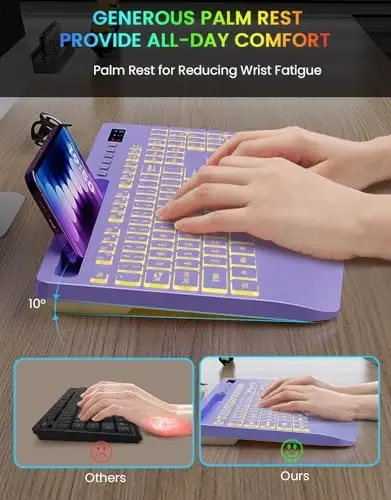 Wireless Keyboard with 7 Colored Backlits, Wrist Rest, Phone Holder, Rechargeable Ergonomic Computer Keyboard with Silent Keys, Full Size Lighted Keyboard for Windows, MacBook, PC, Laptop (Purple) - 3