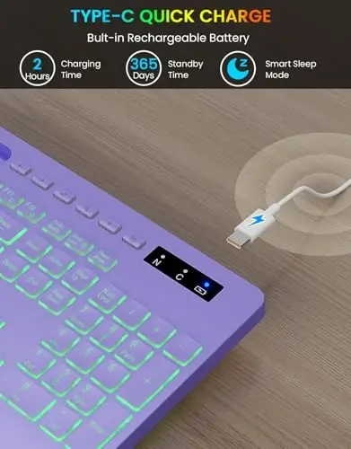 Wireless Keyboard with 7 Colored Backlits, Wrist Rest, Phone Holder, Rechargeable Ergonomic Computer Keyboard with Silent Keys, Full Size Lighted Keyboard for Windows, MacBook, PC, Laptop (Purple) - 4