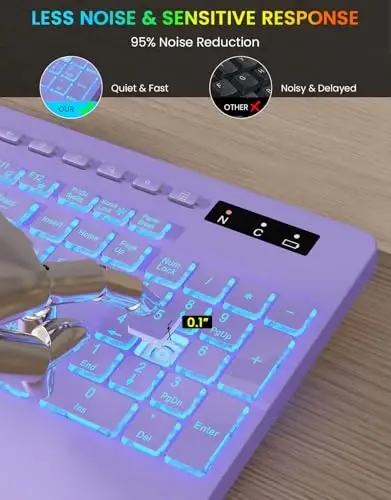 Wireless Keyboard with 7 Colored Backlits, Wrist Rest, Phone Holder, Rechargeable Ergonomic Computer Keyboard with Silent Keys, Full Size Lighted Keyboard for Windows, MacBook, PC, Laptop (Purple) - 6