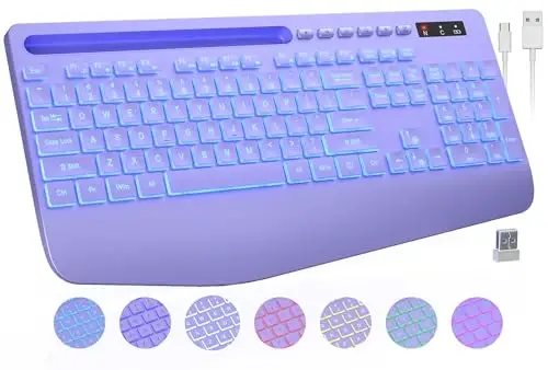 Wireless Keyboard with 7 Colored Backlits, Wrist Rest, Phone Holder, Rechargeable Ergonomic Computer Keyboard with Silent Keys, Full Size Lighted Keyboard for Windows, MacBook, PC, Laptop (Purple) 