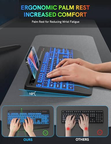 Wireless Keyboard with Wrist Rest & Phone Holder, 7 Colored Backlits, Rechargeable Ergonomic Computer Keyboard with Silent Keys, Full Size Lighted Cordless Keyboard for Windows, Windows, Mac, Laptop - 3