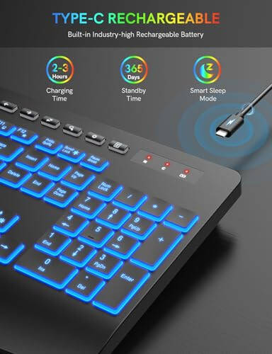 Wireless Keyboard with Wrist Rest & Phone Holder, 7 Colored Backlits, Rechargeable Ergonomic Computer Keyboard with Silent Keys, Full Size Lighted Cordless Keyboard for Windows, Windows, Mac, Laptop - 4