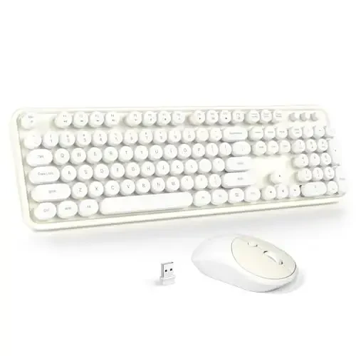 Wireless klaviatura va sichqoncha kombinatsiyasi - GEEZER Cream-oq toʻliq oʻlchamli rangli klaviatura 104 tugmali - USB 2.4 G qabul qilgich Windows, PC, noutbuk, ish stoli uchun dumaloq tugmachali yozuv mashinkasi klaviaturalari - MODAZONE