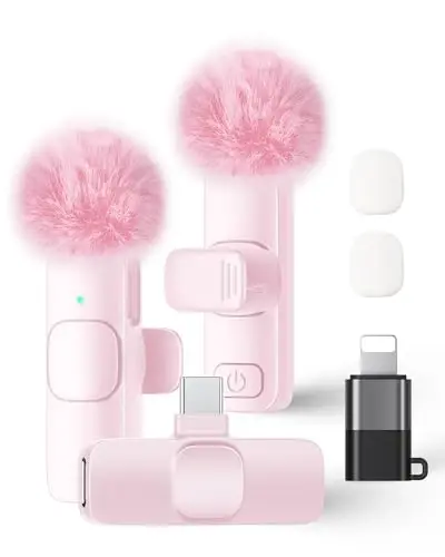 Wireless Lavalier Microphone for iPhone iPad and Android Phone, 2 Pack Lapel Mic Plug and Play Wireless Mic Noise Reduction Microphone for Video Recording Interview Podcast Vlog YouTube Tiktok (Pink) - KUKIHO