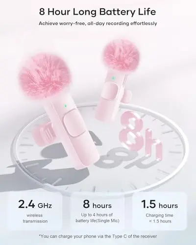 Wireless Lavalier Microphone for iPhone iPad and Android Phone, 2 Pack Lapel Mic Plug and Play Wireless Mic Noise Reduction Microphone for Video Recording Interview Podcast Vlog YouTube Tiktok (Pink) - 6