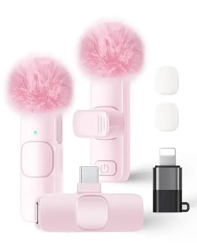Wireless Lavalier Microphone for iPhone iPad and Android Phone, 2 Pack Lapel Mic Plug and Play Wireless Mic Noise Reduction Microphone for Video Recording Interview Podcast Vlog YouTube Tiktok (Pink) - 1