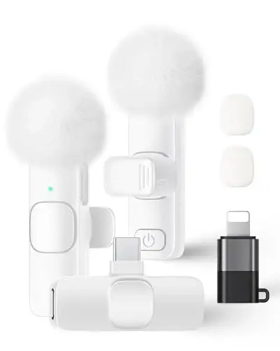 Wireless Lavalier Microphone for iPhone iPad and Android Phone, 2 Pack Lapel Mic Plug and Play Wireless Mic Noise Reduction Microphone for Video Recording Interview Podcast Vlog YouTube (White) - 1