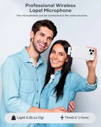 Wireless Lavalier Microphone for iPhone iPad and Android Phone, 2 Pack Lapel Mic Plug and Play Wireless Mic Noise Reduction Microphone for Video Recording Interview Podcast Vlog YouTube (White) - 4