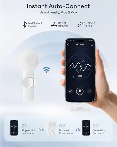 Wireless Lavalier Microphone for iPhone iPad and Android Phone, 2 Pack Lapel Mic Plug and Play Wireless Mic Noise Reduction Microphone for Video Recording Interview Podcast Vlog YouTube (White) - 2