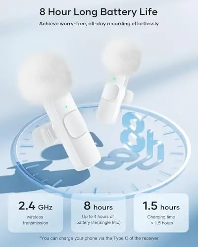 Wireless Lavalier Microphone for iPhone iPad and Android Phone, 2 Pack Lapel Mic Plug and Play Wireless Mic Noise Reduction Microphone for Video Recording Interview Podcast Vlog YouTube (White) - 6