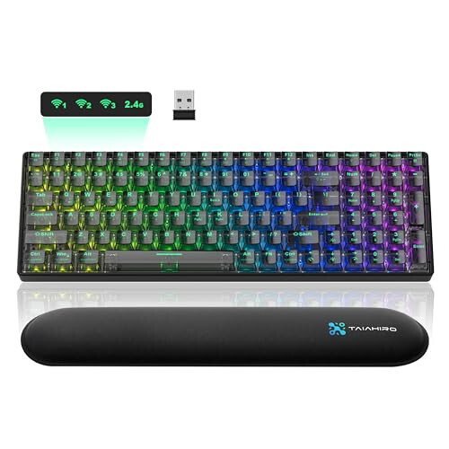 Wireless Mechanical Gaming Keyboard with Transparent Keycaps, 100 Keys Hot-Swap RGB Backlit, 3-Mode BT/2.4G/USB-C, 3000mAh Battery, Ergonomic Keyboard with Wrist Rest for Win/Mac, Silent Switch, Black - 6