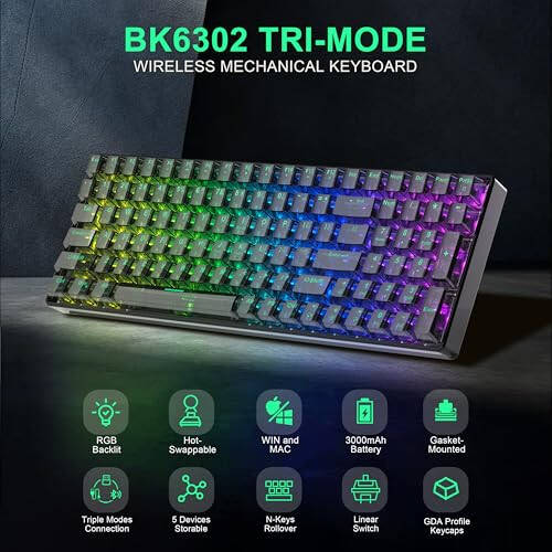 Wireless Mechanical Gaming Keyboard with Transparent Keycaps, 100 Keys Hot-Swap RGB Backlit, 3-Mode BT/2.4G/USB-C, 3000mAh Battery, Ergonomic Keyboard with Wrist Rest for Win/Mac, Silent Switch, Black - 4