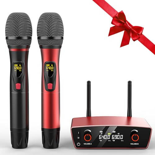 Wireless Microphone System for Karaoke Singing - Dual Wireless Mics, Handheld Dynamic Microphones, Adjustable UHF Channels, Auto Scan, 275ft Range, Microphone for Karaoke, Wedding, Church, Speech - 2