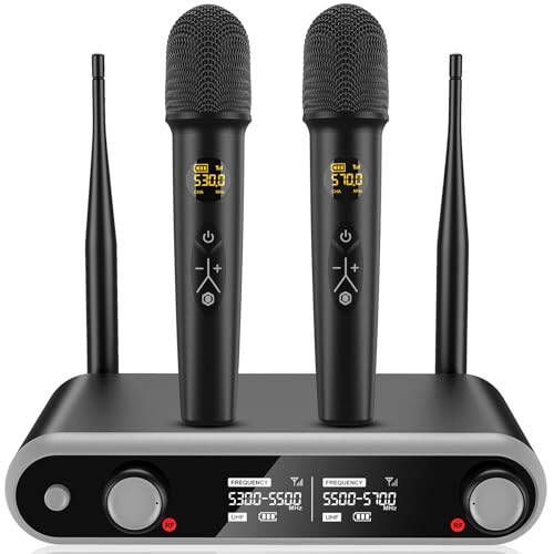 Wireless Microphone System Karaoke Machine - Rechargeable Handheld Dynamic Microphones, Dual Wireless Mics, Adjustable UHF Channels, Auto Scan, 320ft Range, Microphone for Karaoke - 2