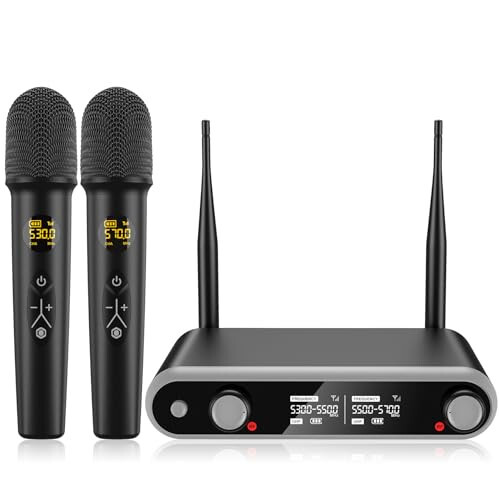 Wireless Microphone System Karaoke Machine - Rechargeable Handheld Dynamic Microphones, Dual Wireless Mics, Adjustable UHF Channels, Auto Scan, 320ft Range, Microphone for Karaoke - 1