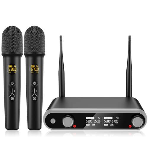 Wireless Microphone System Karaoke Machine - Rechargeable Handheld Dynamic Microphones, Dual Wireless Mics, Adjustable UHF Channels, Auto Scan, 320ft Range, Microphone for Karaoke - 1