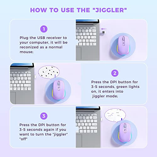 Wireless Mouse Jiggler - LED Wireless Mice with Build-in Mouse Mover, Rechargeable Moving Mouse for Laptop with Undetectable Random Movement Keeps Computers Awake - Purple - 2