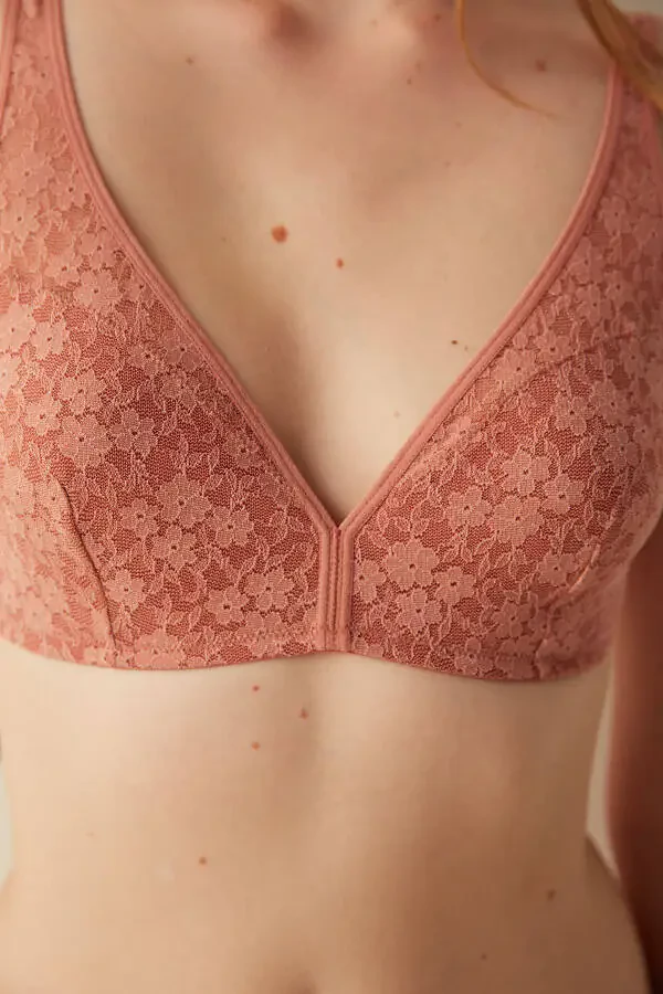 Wireless, Non-Padded, Lace Bra with Rosebud Design - 2