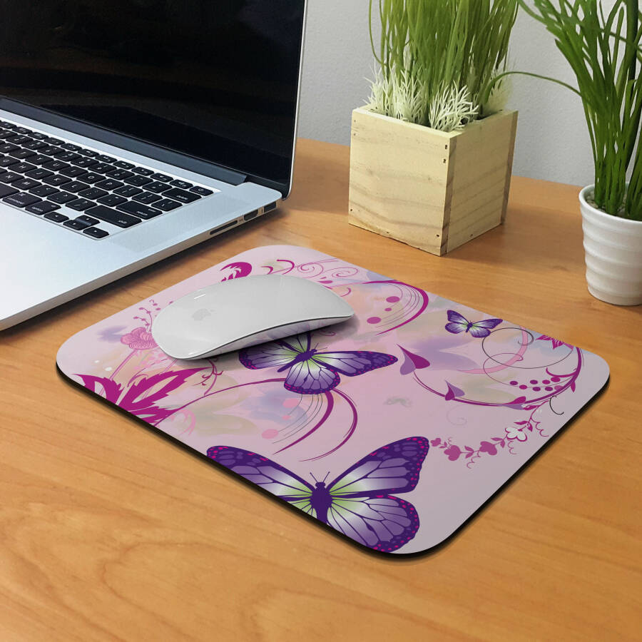 WIRESTER Rectangle Standard Mouse Pad, Non-Slip Mouse Pad for Home, Office, and Gaming Desk, Purple Butterfly Pink Vines - 10