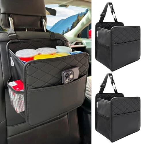 Witaxima 2 Pack Upgraded Car Seat Organizer Backseat with Storage Pockets, Multipurpose Car Organizer Hanging, Car Trash Bag Can, Premium PU Leather Garbage Can 2.14 Gallon Large Capacity Black - Witaxima