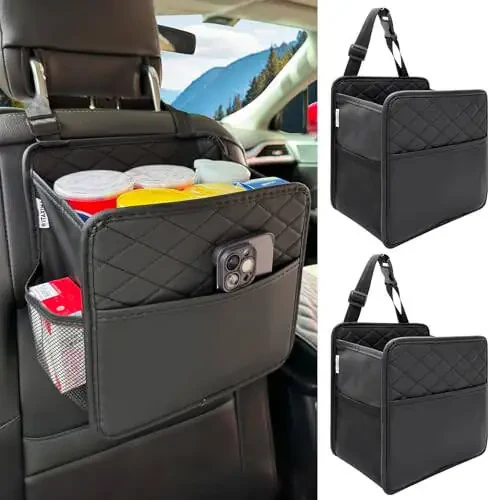 Witaxima 2 Pack Upgraded Car Seat Organizer Backseat with Storage Pockets, Multipurpose Car Organizer Hanging, Car Trash Bag Can, Premium PU Leather Garbage Can 2.14 Gallon Large Capacity Black - 1