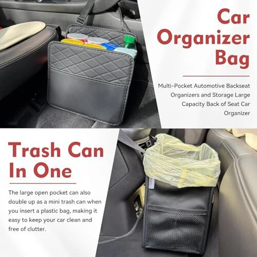 Witaxima 2 Pack Upgraded Car Seat Organizer Backseat with Storage Pockets, Multipurpose Car Organizer Hanging, Car Trash Bag Can, Premium PU Leather Garbage Can 2.14 Gallon Large Capacity Black - 4