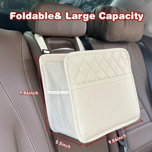 Witaxima 2 Pack Upgraded Car Seat Organizer Backseat with Storage Pockets, Multipurpose Car Organizer Hanging Car Trash Bag Premium PU Leather Garbage Can 2.14 Gallon Large Capacity Accessories Beige - 3