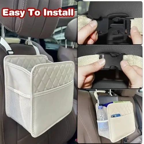 Witaxima 2 Pack Upgraded Car Seat Organizer Backseat with Storage Pockets, Multipurpose Car Organizer Hanging Car Trash Bag Premium PU Leather Garbage Can 2.14 Gallon Large Capacity Accessories Beige - 6