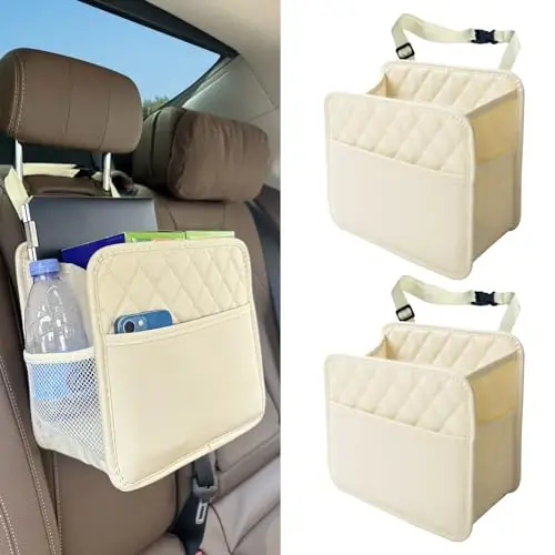 Witaxima 2 Pack Upgraded Car Seat Organizer Backseat with Storage Pockets, Multipurpose Car Organizer Hanging Car Trash Bag Premium PU Leather Garbage Can 2.14 Gallon Large Capacity Accessories Beige - WITAXIMA