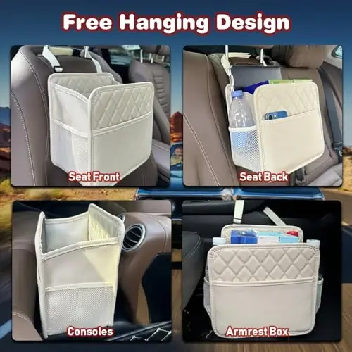 Witaxima 2 Pack Upgraded Car Seat Organizer Backseat with Storage Pockets, Multipurpose Car Organizer Hanging Car Trash Bag Premium PU Leather Garbage Can 2.14 Gallon Large Capacity Accessories Beige - 5