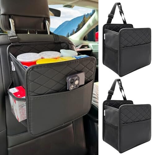Witaxima 2 Pack Upgraded Car Seat Organizer Backseat with Storage Pockets, Multipurpose Car Organizer Hanging Car Trash Bag Premium PU Leather Garbage Can 2.14 Gallon Large Capacity Accessories Black - Witaxima