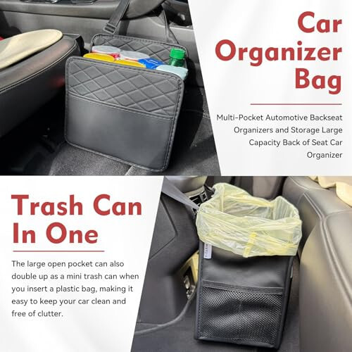 Witaxima 2 Pack Upgraded Car Seat Organizer Backseat with Storage Pockets, Multipurpose Car Organizer Hanging Car Trash Bag Premium PU Leather Garbage Can 2.14 Gallon Large Capacity Accessories Black - 4
