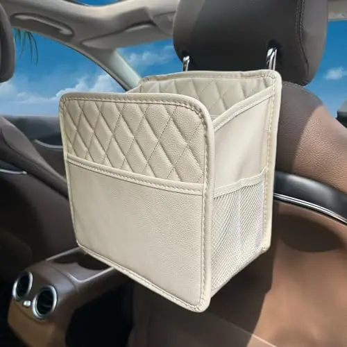 Witaxima Upgrade Car Seat Organizer Backseat with Storage Pockets, Multipurpose Car Organizer Hanging, Car Trash Bag Can,Premium PU Leather Garbage Can 2.14 Gallon Large Capacity Accessories Beige - WITAXIMA