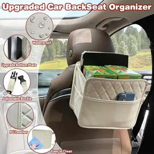 Witaxima Upgrade Car Seat Organizer Backseat with Storage Pockets, Multipurpose Car Organizer Hanging, Car Trash Bag Can,Premium PU Leather Garbage Can 2.14 Gallon Large Capacity Accessories Beige - 2