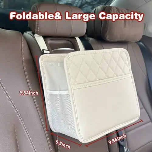 Witaxima Upgrade Car Seat Organizer Backseat with Storage Pockets, Multipurpose Car Organizer Hanging, Car Trash Bag Can,Premium PU Leather Garbage Can 2.14 Gallon Large Capacity Accessories Beige - 3