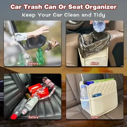Witaxima Upgrade Car Seat Organizer Backseat with Storage Pockets, Multipurpose Car Organizer Hanging, Car Trash Bag Can,Premium PU Leather Garbage Can 2.14 Gallon Large Capacity Accessories Beige - 4