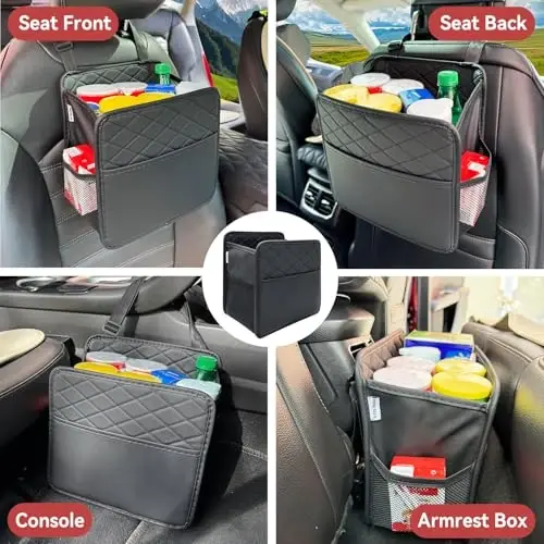 Witaxima Upgrade Car Seat Organizer Backseat with Storage Pockets, Multipurpose Car Organizer Hanging, Car Trash Bag Can,Premium PU Leather Garbage Can 2.14 Gallon Large Capacity, Black - 1