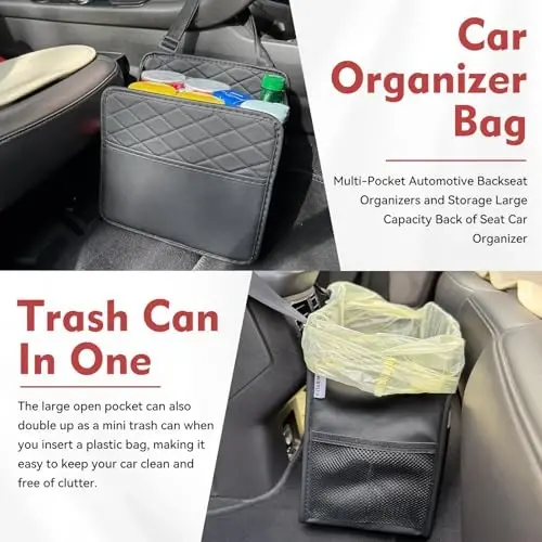 Witaxima Upgrade Car Seat Organizer Backseat with Storage Pockets, Multipurpose Car Organizer Hanging, Car Trash Bag Can,Premium PU Leather Garbage Can 2.14 Gallon Large Capacity, Black - 3