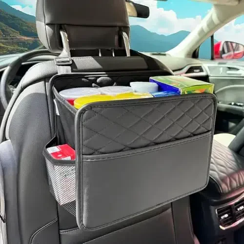 Witaxima Upgraded Extra Large Car Seat Organizer Backseat with 3 Storage Pockets, Multipurpose Car Organizer Hanging Car Trash Bag Can Premium PU Leather Garbage Can 3 Gallon Large Capacity, Black. 