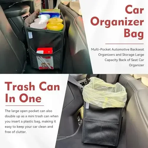 Witaxima Upgraded Extra Large Car Seat Organizer Backseat with 3 Storage Pockets, Multipurpose Car Organizer Hanging Car Trash Bag Can Premium PU Leather Garbage Can 3 Gallon Large Capacity, Black. - 4