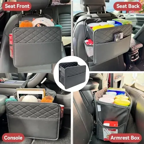 Witaxima Upgraded Extra Large Car Seat Organizer Backseat with 3 Storage Pockets, Multipurpose Car Organizer Hanging Car Trash Bag Can Premium PU Leather Garbage Can 3 Gallon Large Capacity, Black. - 6